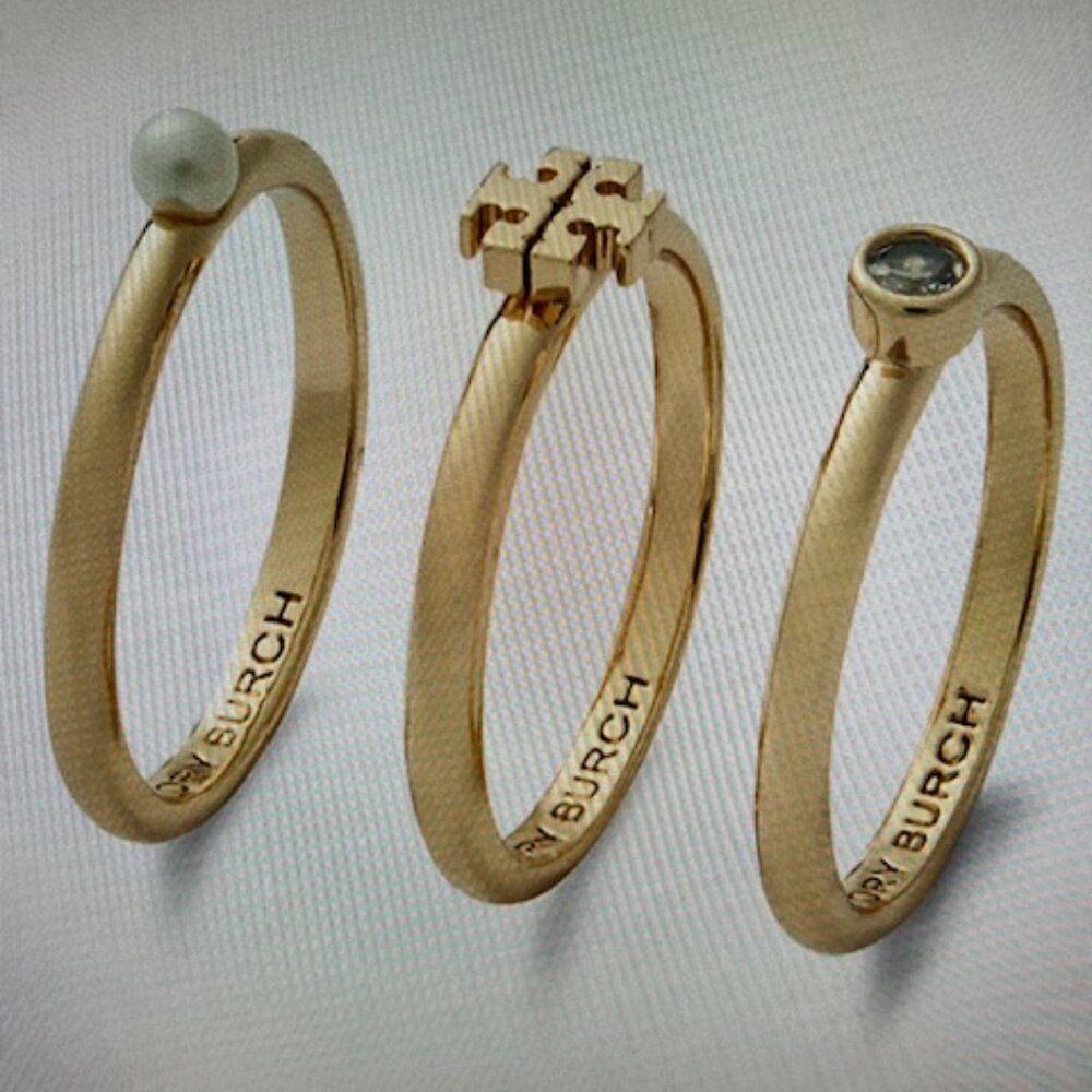NEW TORY BURCH - KIRA PEARL 3 RING SET size 7
